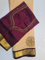 HAND CRAFTED CREAM SILK SAREE WITH MAROON DESIGNER BLOUSE - Image 4