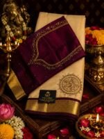 HAND CRAFTED CREAM SILK SAREE WITH MAROON DESIGNER BLOUSE