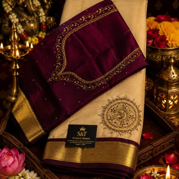HAND CRAFTED CREAM SILK SAREE WITH MAROON DESIGNER BLOUSE